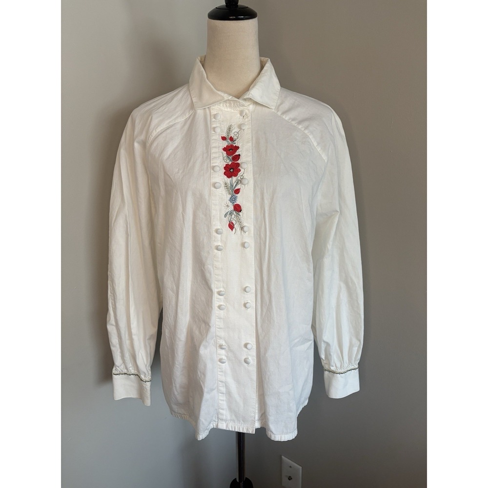 VTG 80s Julius Lang White Embroidered Trachten Folk Blouse Austrian Sz 42 Large